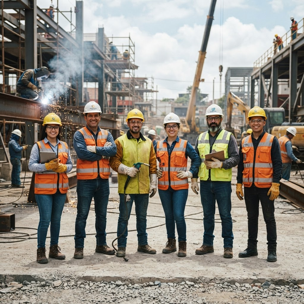Trabajadores industriales usando equipos de protección personal en obra